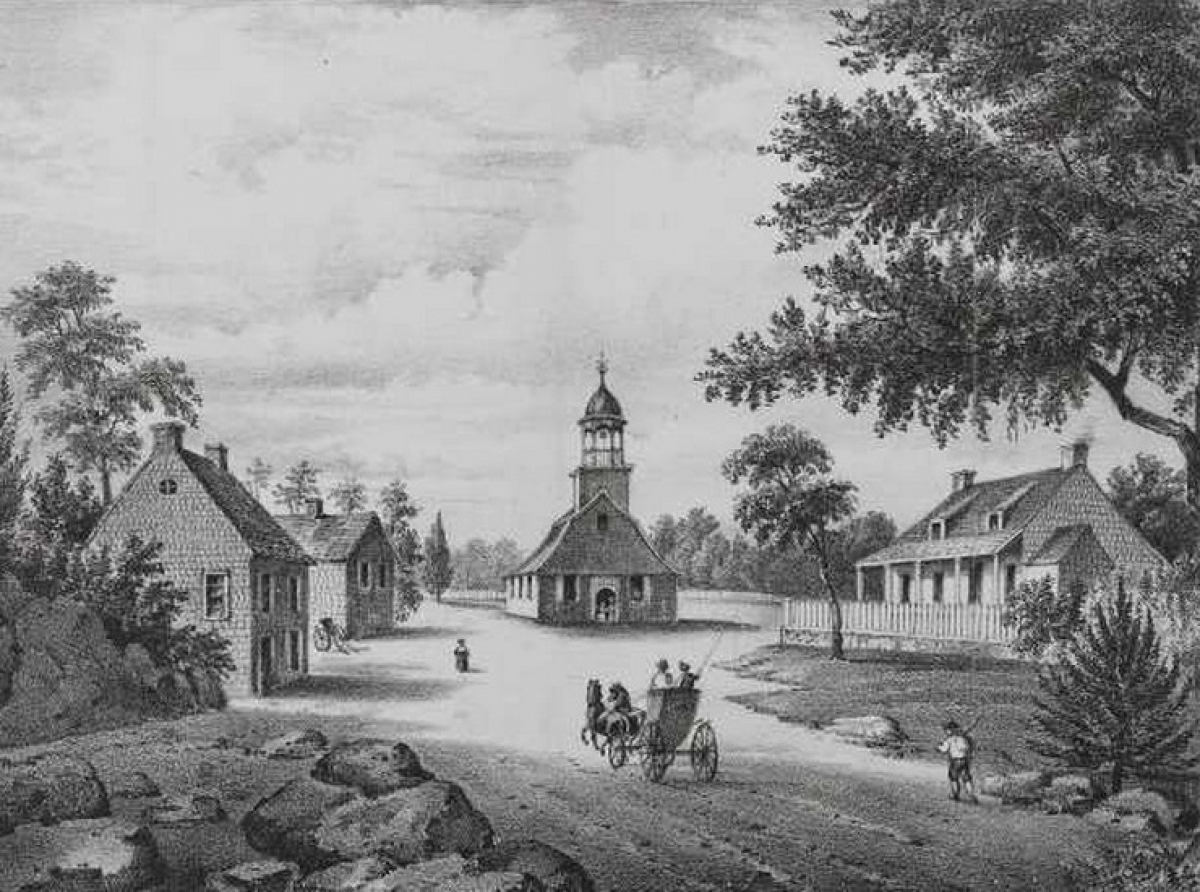 Print after a drawing of the Church of Brooklyn in 1776 by Elizabeth Sleight (Collection Brooklyn Museum).