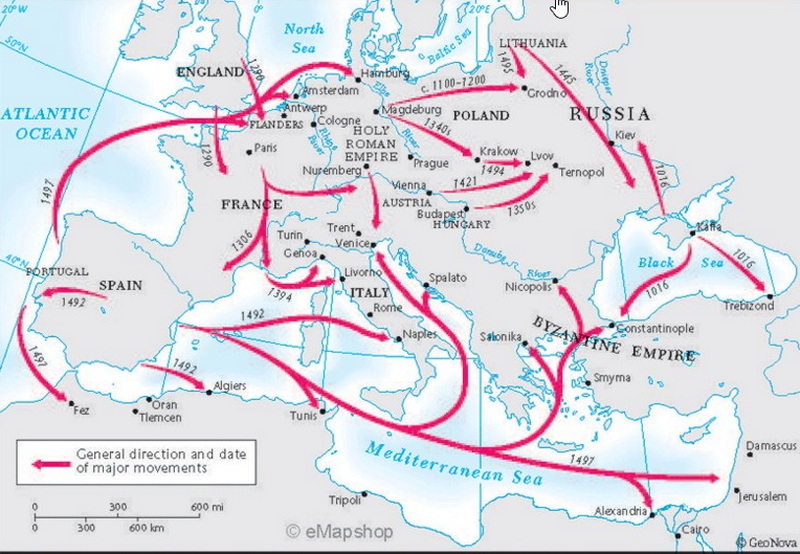 Overzicht van Joodse migratie en verdrijvingen tussen het jaar 1000 en 1500 (https://www.jewishwikipedia.info/diagrams.html).