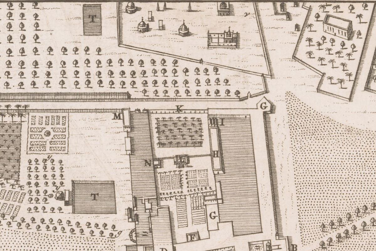 Plattegrond van de Hollandse loge Hougli in 1721, Jacob van der Schley, 1767 Plattegrond van de Hollandse loge Hougli in 1721, Jacob van der Schley, 1767