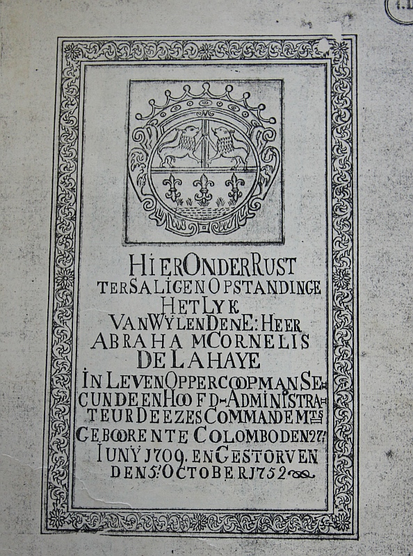 Transcript of the tombstone of Abraham de la Haye.