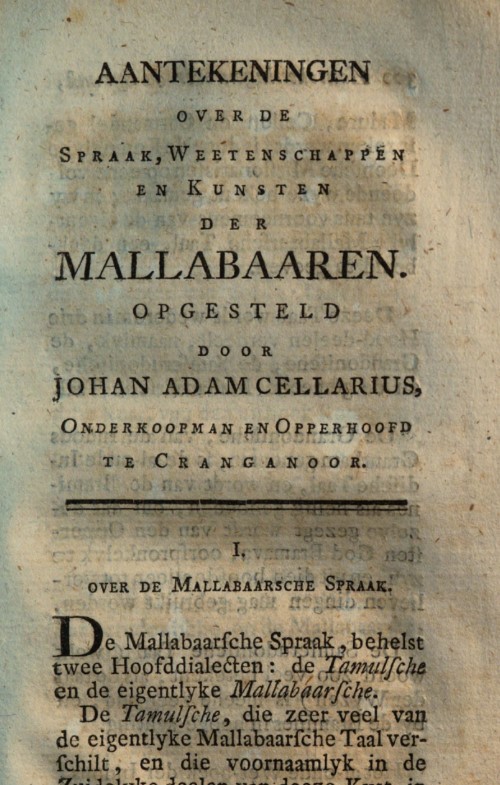 First Page “Aantekeningen over de spraak, wetenschappen en kunsten der Mallabaaren”