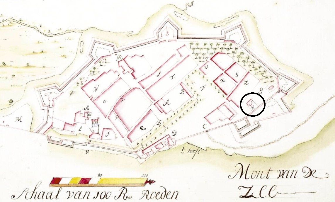 Plaan van de stadt Couchim (anoniem, ca. 1720) met de locatie van de het Weeshuis (Universiteitsbibliotheek Leiden, Collectie Bodel Nijenhuis 002-11-029)