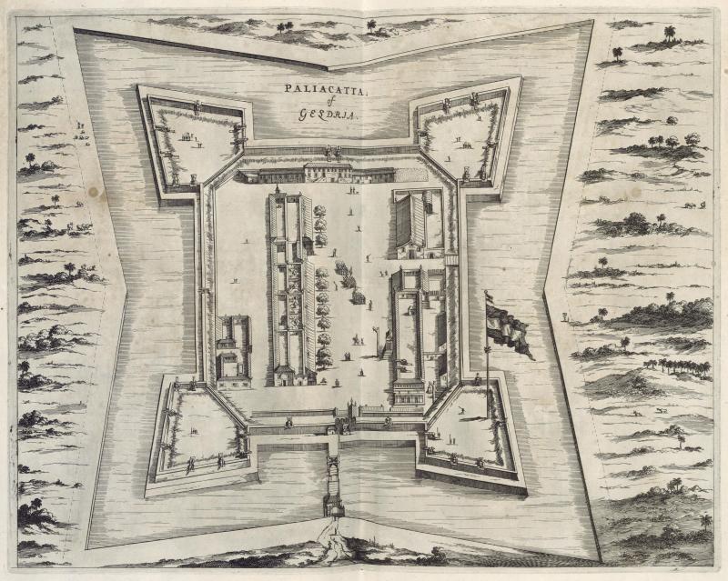 Vogelvlucht van het fort Geldria bij Pallicate. Datum circa 1672 (Koninklijke Bibliotheek)