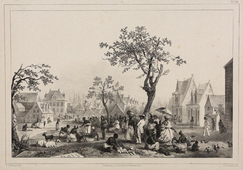 Illustration Benoit of the market on and near Orange Garden (Bron: UBM: 952 C 25, pl.13 ( Lithografie ), Surinamica, Universiteit van Amsterdam, Amsterdam)