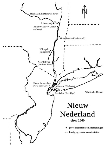 Kaart van Nieuw-Nederland rond 1660 met de voornaamste plaatsen uit die tijd.