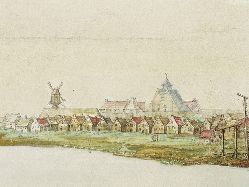 Detail of a watercolour by Johannes Vingboons from ca. 1665 that gives an impression of the city of New Amsterdam.