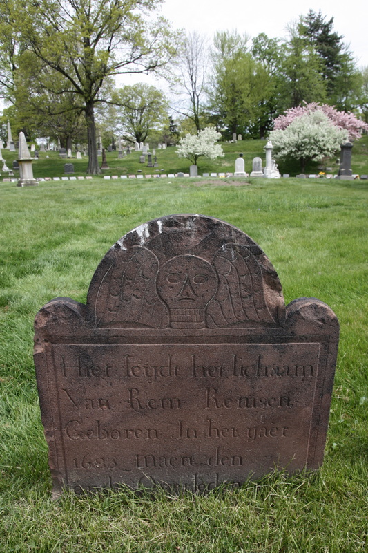 Gravemarker in sandstone for Rem Remsen (1683-1752) with a classical winged skull. 